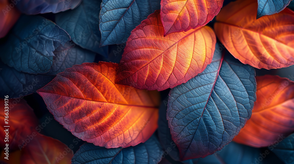 Layers of colorful leaves create a textured tapestry in shades of red, orange, and blue