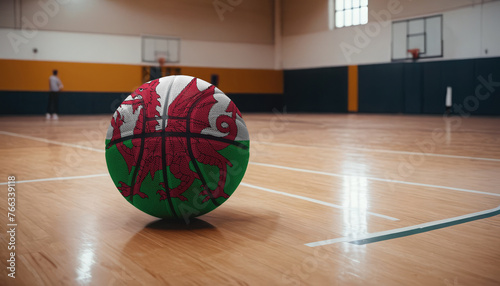 Wales flag is featured on a basketball. Basketball championship concept.