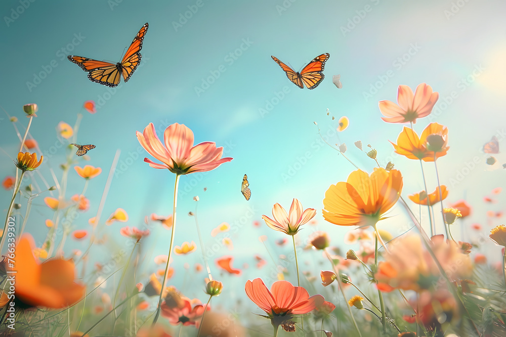 spring, flowers, butterflies, clear sky spring, flowers, butterflies, clear sky