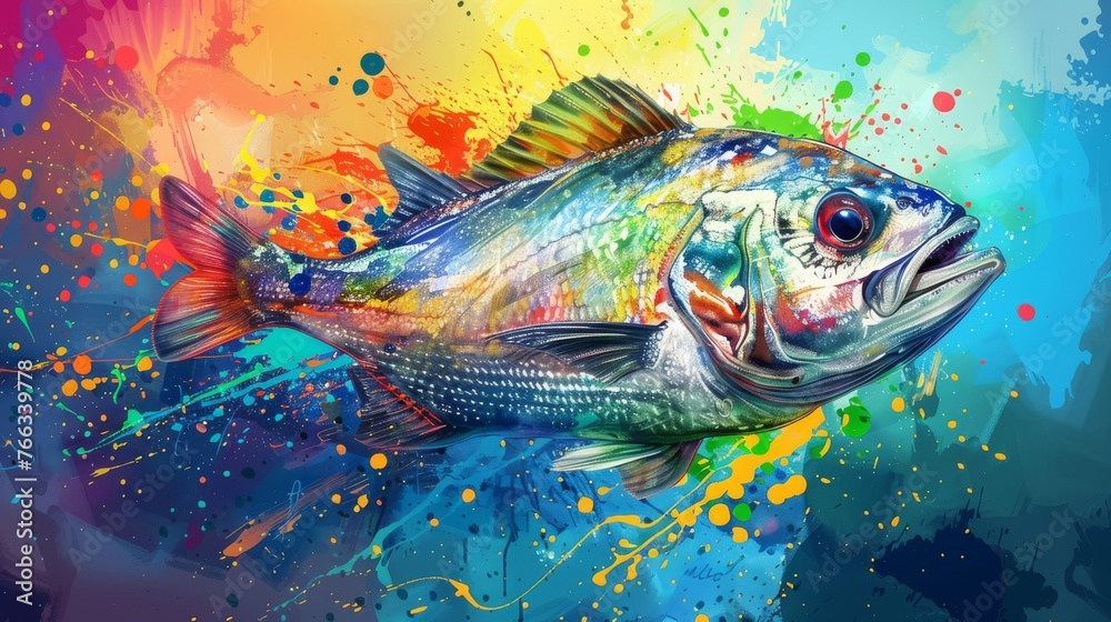 A vibrant painting of a colorful fish on a multicolored background with splashes of paint A vibrant painting of a colorful fish on a multicolored background with splashes of paint