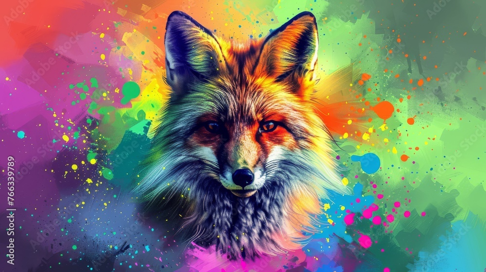  A clearer image of a fox, with vibrant colors splashed onto its face, captured in a close-up painting