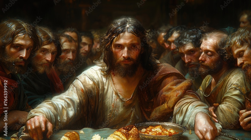 Jesus Christ, the last supper with the 12 apostles Stock Illustration ...