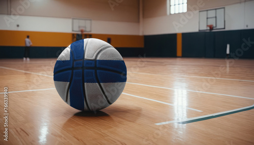 Finland flag is featured on a basketball. Basketball championship concept.