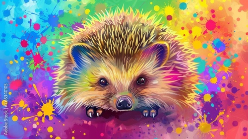 A hedgehog painted on a multicolored backdrop, dotted with splashes of paint