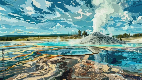 Dynamic illustration of an erupting geyser at Yellowstone National Park, set against a dramatic sky, highlighting nature's power, Erupting Geyser Illustration in Yellowstone Park, Painted by Hokusai K