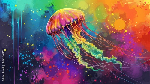  A watercolor painting of a vibrantly colored jellyfish on a diverse background, adorned with splattered paint