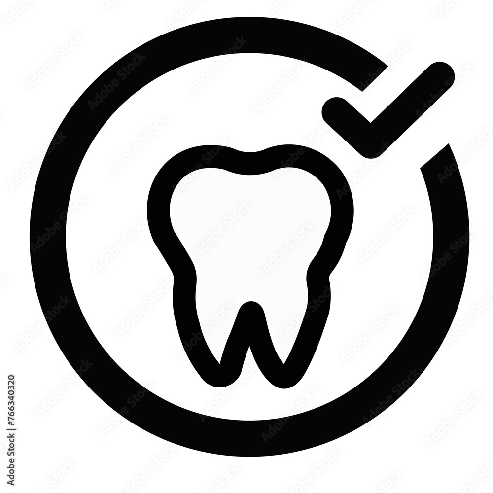 Minimalist tooth illustration with check symbol indicating ok tooth. White tooth with black outline