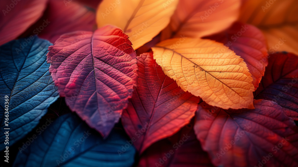 Close-up of a pile of autumn leaves with a kaleidoscope of red, orange, and purple hues, conveying the warmth of fall