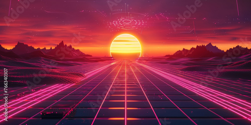 Sunset retro futuristic landscape, banner ,Retro Sci-Fi Background Summer Landscape