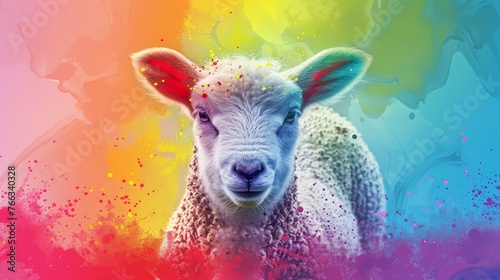  A sheep's face is seen against a colorful backdrop, with paint spatter all around it © Nadia