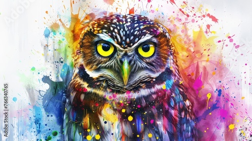  Owl with yellow eyes, multicolored splatters on its face