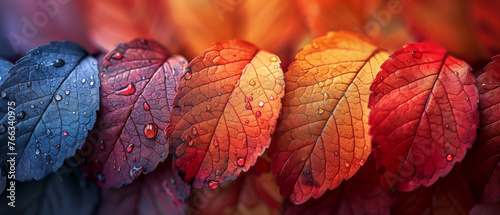 Dramatic array of autumn leaves lined up showing the water droplets and vibrant shades of the season