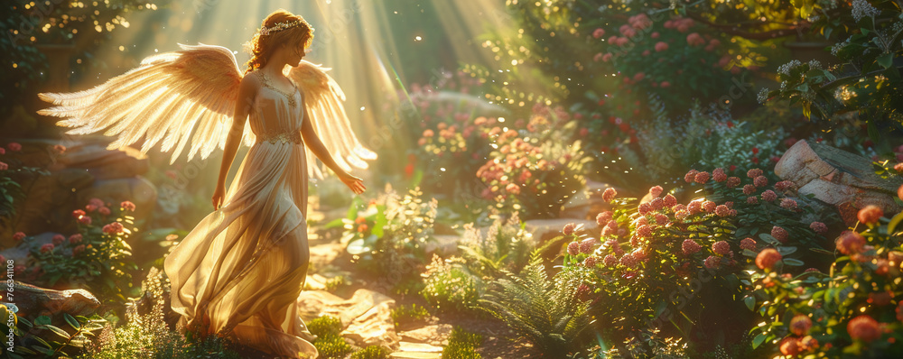 Angel, flowing gown, serene, standing in a lush garden, sunny day - obrazy, fototapety, plakaty 
