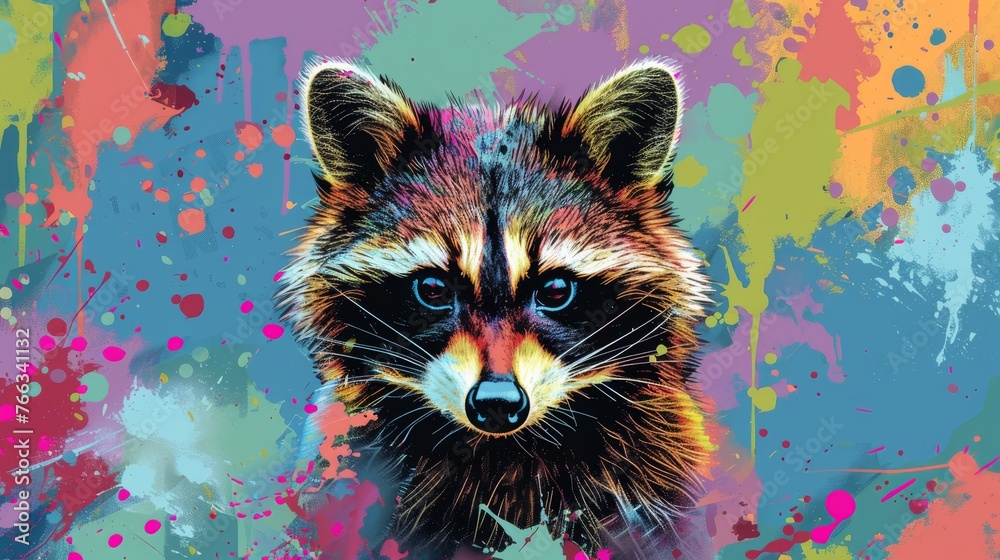  Raccoon on a colorful background with painted spots