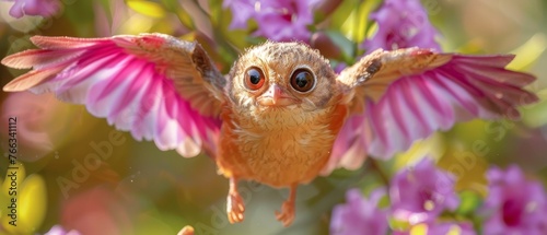  Close-up photo of tiny bird spreading wings & big eyes against purple flowers