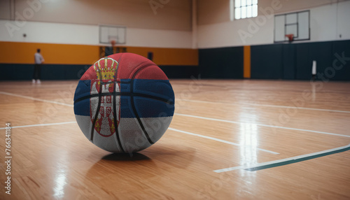 Serbia flag is featured on a basketball. Basketball championship concept.