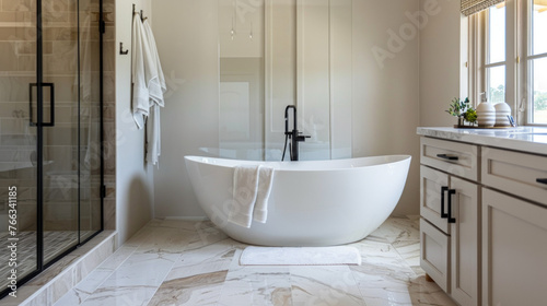 A contemporary bathroom with a freestanding bathtub  a walk-in shower with glass doors  and marble tile flooring for a luxurious touch