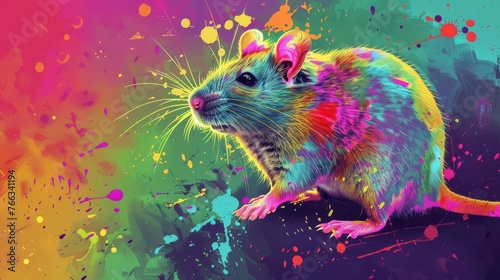  A vibrant portrait of a rodent resting atop a surface, adorned with smudges of pigment upon its fur © Nadia