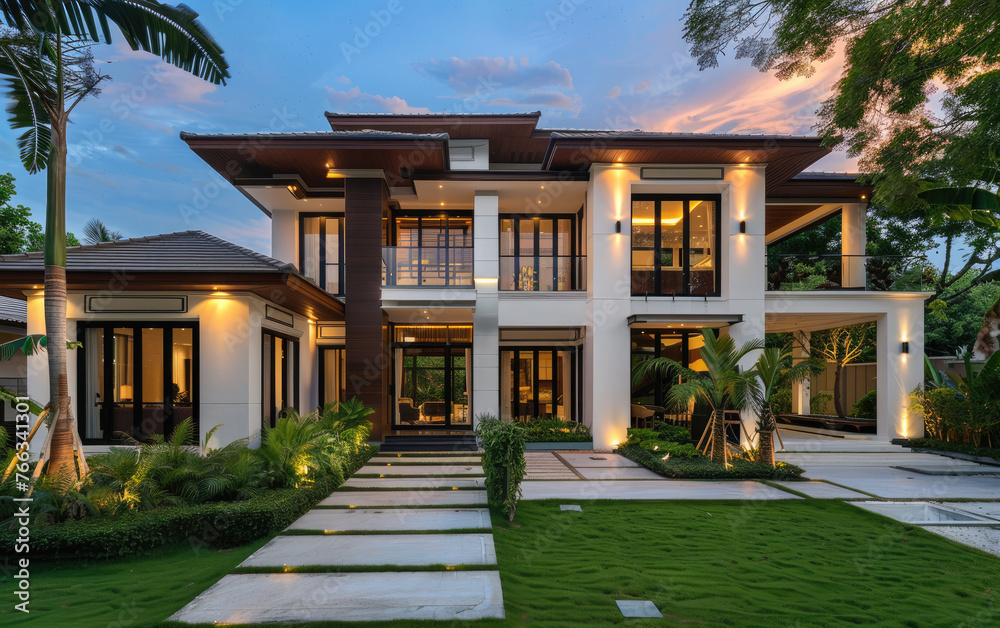 Modern two-story house with white walls, brown roof and black windows contemporary Bangkok home design, surrounded by lush green grass, palm trees, concrete walkways and garden lights