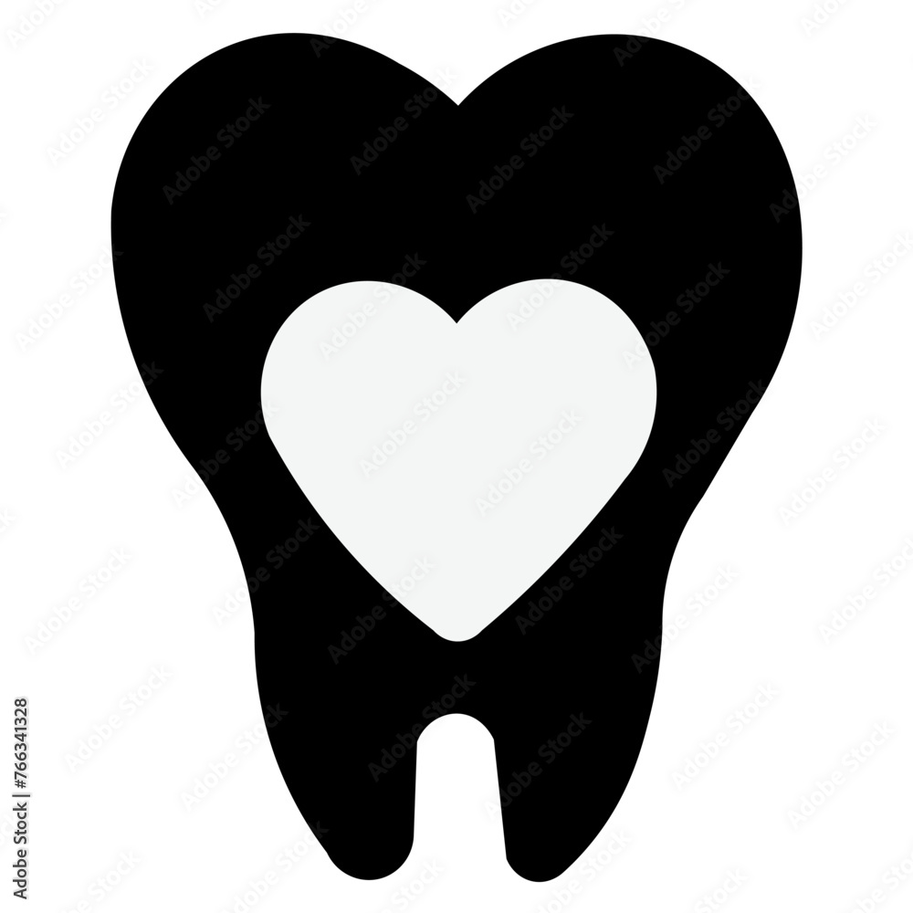 Minimalist tooth illustration with heart indicating dentistry service. Black tooth with white heart Minimalist tooth illustration with heart indicating dentistry service. Black tooth with white heart