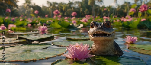  A large alligator rests amidst lily pads, its mouth agape