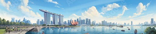 Merlion singapore, panorama view cartoon style