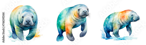 3 Manatee, watercolor illustration, clipart, marine animal, cute, for project, scrapbook, presentation, crafts arts, cutout on white background  photo