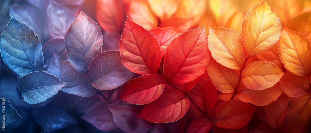 Vivid depiction of seasonal change, with leaves changing from warm to cold colors in a gradient - obrazy, fototapety, plakaty 