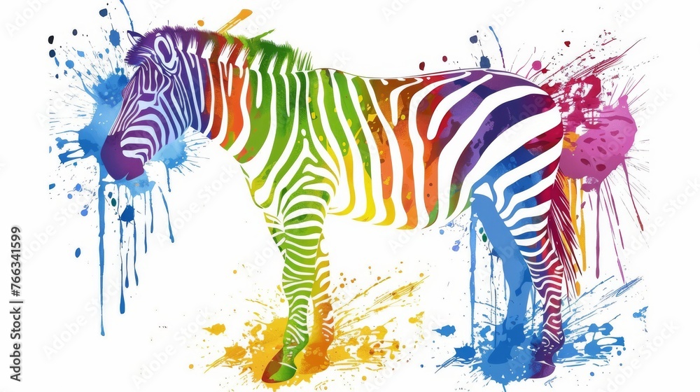 Fototapeta premium A painting depicts a zebra adorned with paint splatters throughout its body and a splash of paint on its rear