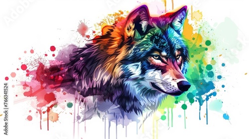  A wolf's head painted in vibrant colors on the left side of the canvas