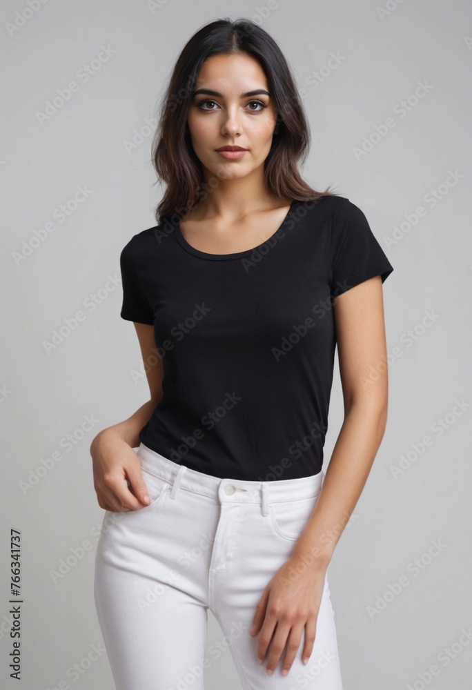 Brunette young woman wearing white pants and blank black t-shirt with copy space for text, logo, branding, print design. Front view. Attractive female model poses in black t-shirt in photo studio.