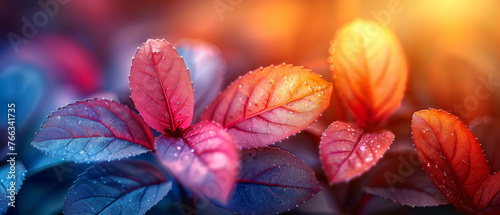 Captivating close-up of vibrant leaves with glistening dew drops in gradient tones of blue, orange, and red, exuding a sense of renewal
