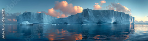 An impressive panoramic view of a majestic iceberg bathed in the golden light of sunrise, symbolizing solitude photo