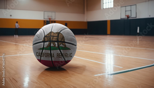 California flag is featured on a basketball. Basketball championship concept.