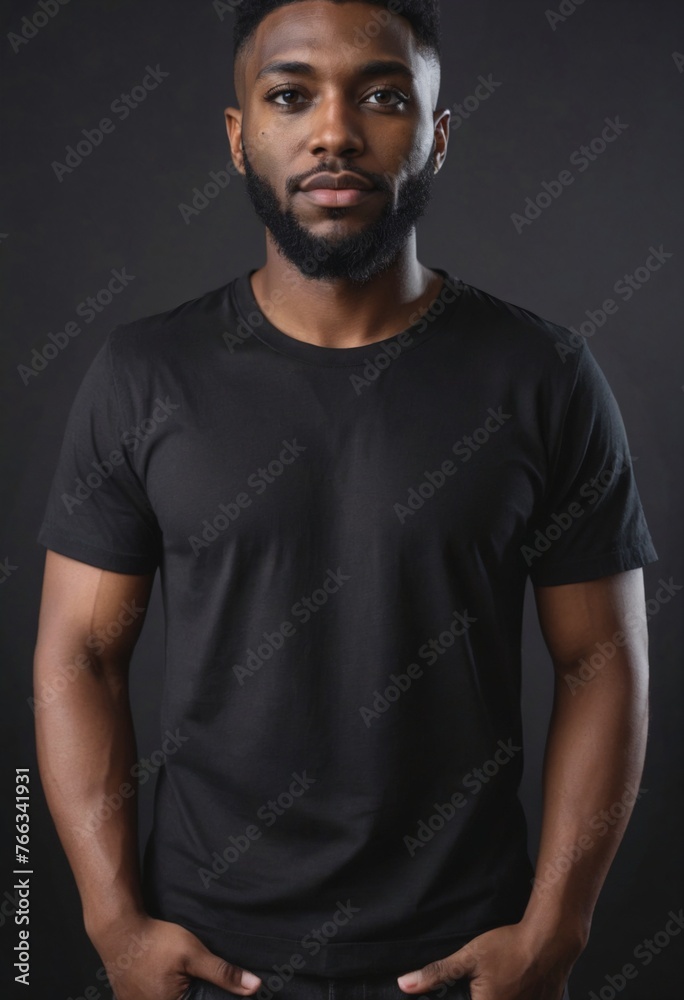 Mockup of blank black t-shirt on a handsome black man standing against a black studio background. Template of casual male t-shirt with copy space for text, logo, branding, print design Mockup of blank black t-shirt on a handsome black man standing against a black studio background. Template of casual male t-shirt with copy space for text, logo, branding, print design