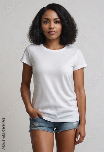 Attractive black woman in white t-shirt stands in front of a white studio background. Mock up of blank t-shirt with copy space for logo, text or print design. Casual female clothes template front view