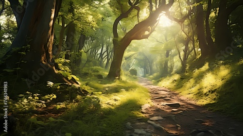 A winding forest trail surrounded by dense foliage and sunlight filtering through the branches.