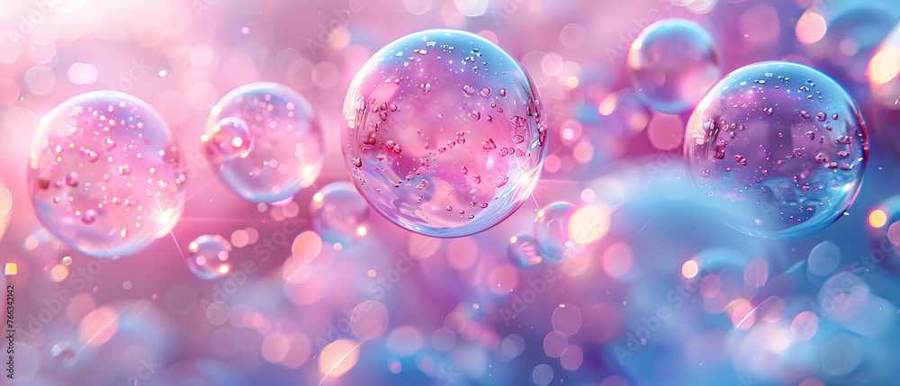 Tranquil image of bubbles adorned with dew, suspended against a pink and blue pastel background