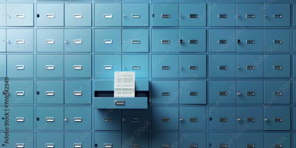 A wall of blue metal file cabinets, folder search
