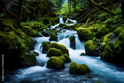 Turquoise cascades tumbling down mossy rocks, framed by the untouched beauty of towering green mountains