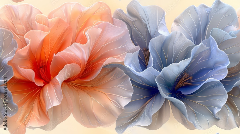  Three colored flowers on white-yellow background, blue-red central