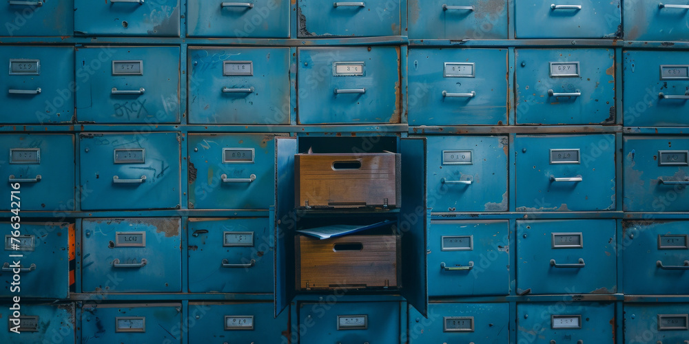 A wall of blue metal file cabinets, folder search