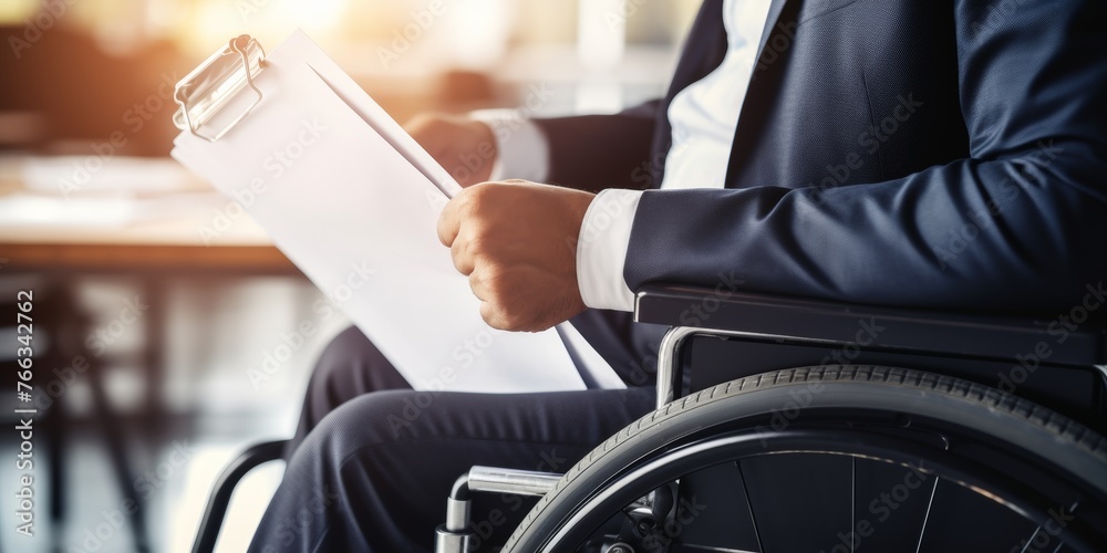 Fototapeta premium Positive disabled young man in wheelchair working in office. Company CEO in wheelchair reading business report. Generative AI.