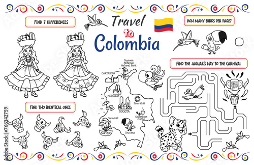 A fun placemat for kids. Printable to “Travel to Colombia” activity sheet with a labyrinth, find the differences and find the same ones. 17x11 inch printable vector file