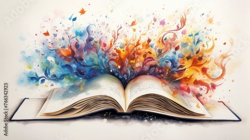 A captivating explosion of colorful abstract art emerging from the pages of an open book, symbolizing creativity and imagination. © Juan