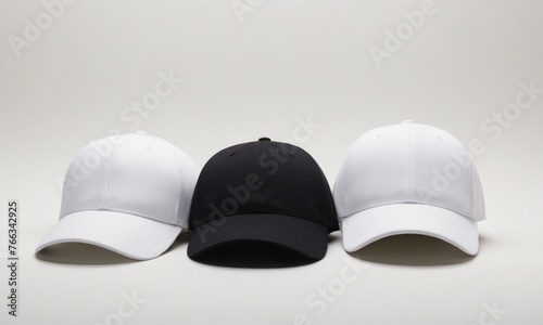 Mock up of blank black and white baseball caps with copy space for text, logo, branding, print design. Front view of caps, sport hats on white background. Template of empty sports headgear, headdress