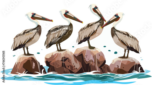 Four brown pelicans perched on a rock in the ocean fl
