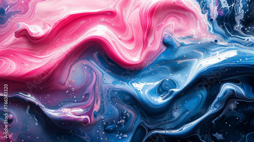 Vibrant swirls of pink and navy provide a striking backdrop, suggesting movement and creativity