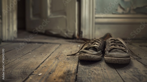 Old worn sneakers on a rustic wooden floor, with a vintage feel.