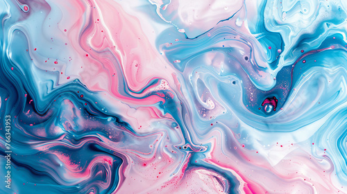 A contemporary abstract with smooth swirls of blue, pink and splashes of red